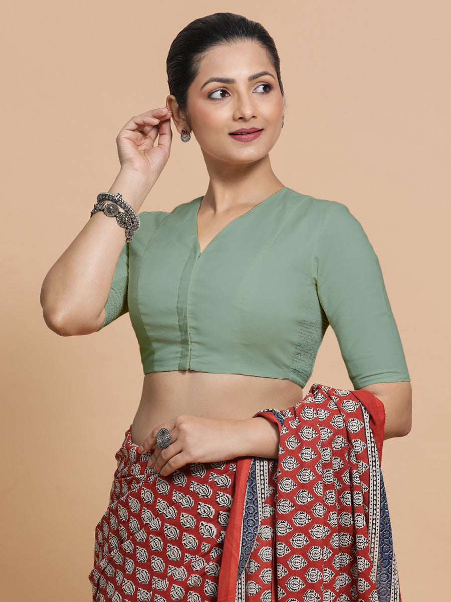 Nalani x Rozaana Saree Blouse, in Green Linen, featuring elbow sleeves and v-neckline, made for daily & work (view 8).