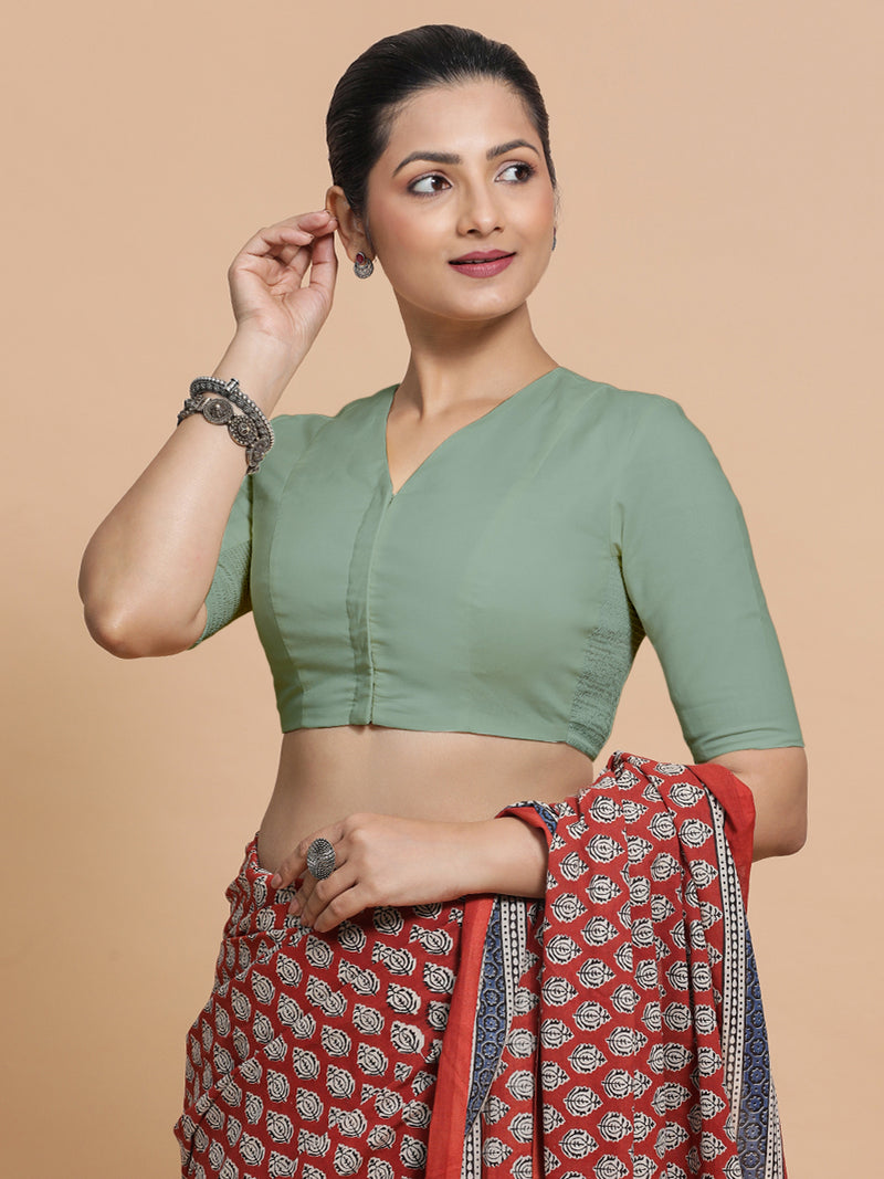 Nalani x Rozaana | Elbow Sleeves Saree Blouse in Peppermint Green Linen-Binks