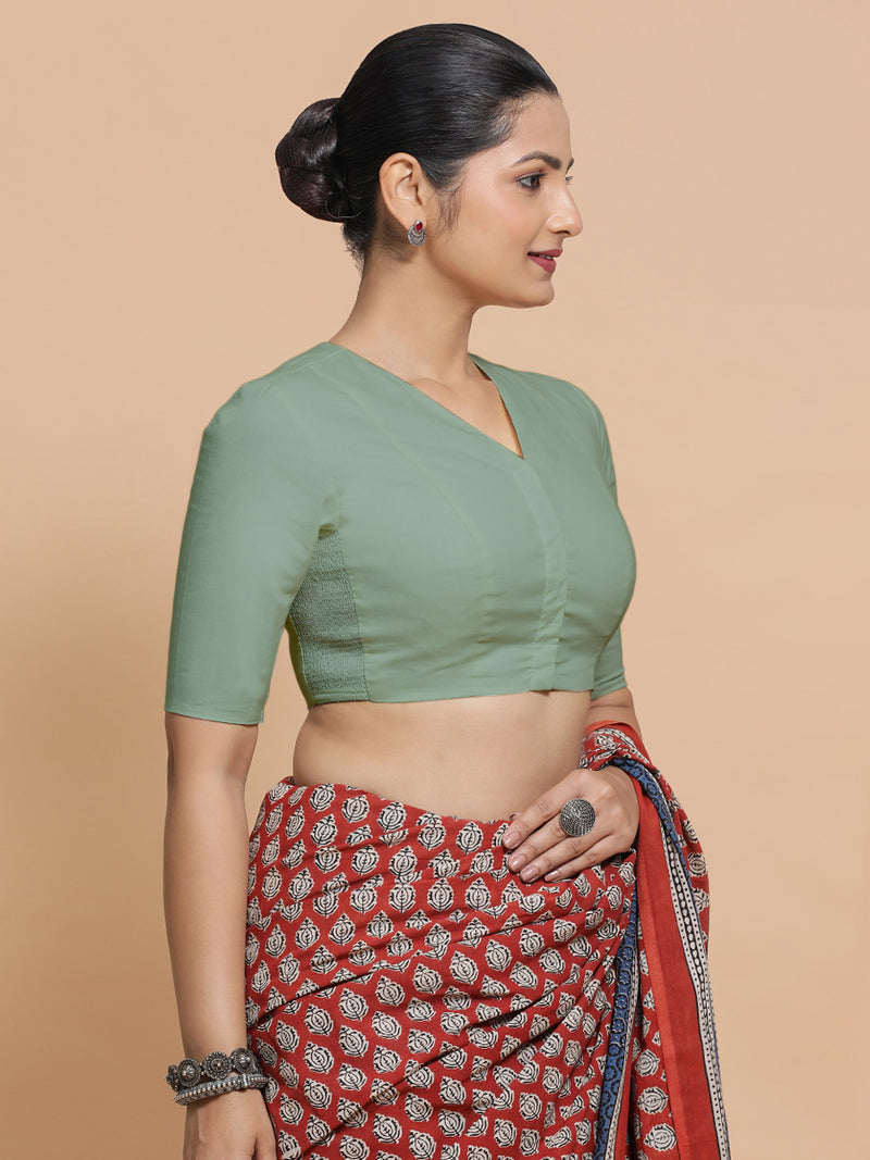 Nalani x Rozaana | Elbow Sleeves Saree Blouse in Peppermint Green Linen-Binks