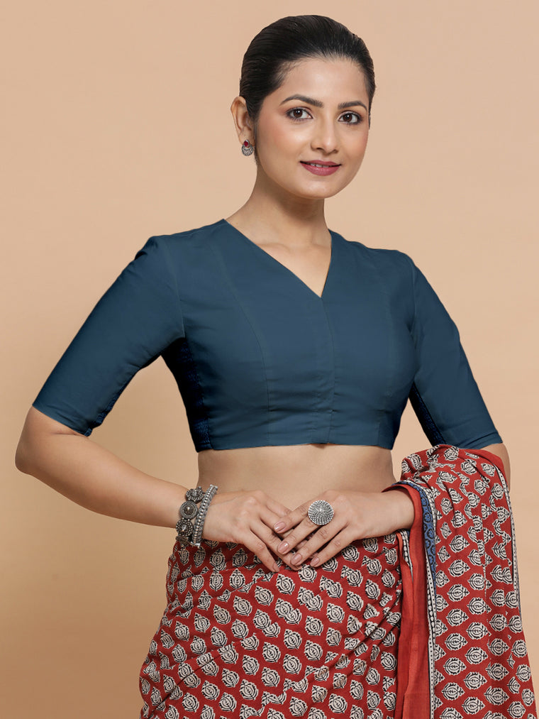 Nalani x Rozaana Saree Blouse, in Blue Linen, featuring elbow sleeves and v-neckline, made for daily & work.