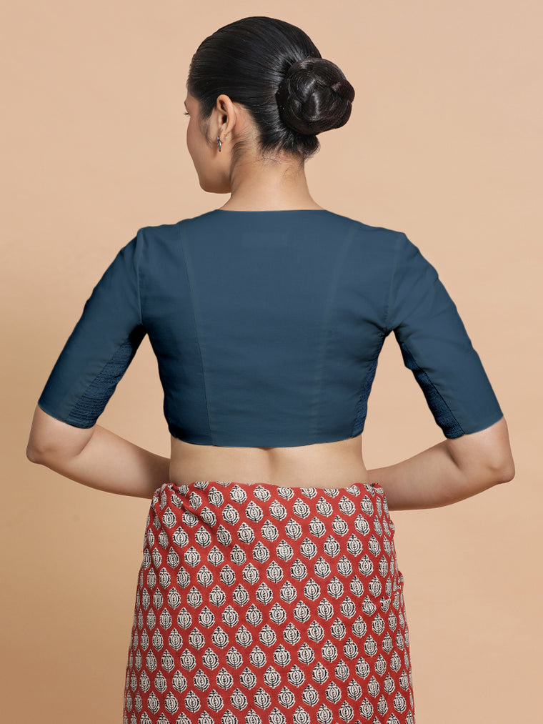 Nalani x Rozaana Saree Blouse, in Blue Linen, featuring elbow sleeves and v-neckline, made for daily & work (view 2).
