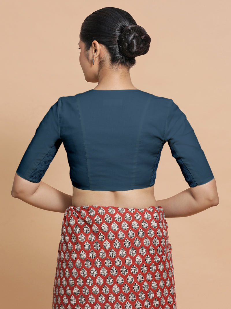 Nalani x Rozaana | Elbow Sleeves Saree Blouse in Regal Blue Linen-Binks