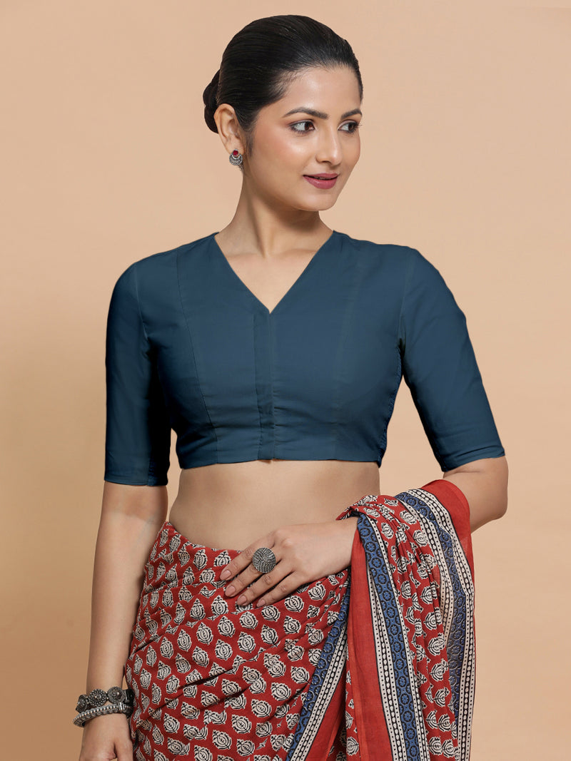 Nalani x Rozaana | Elbow Sleeves Saree Blouse in Regal Blue Linen-Binks