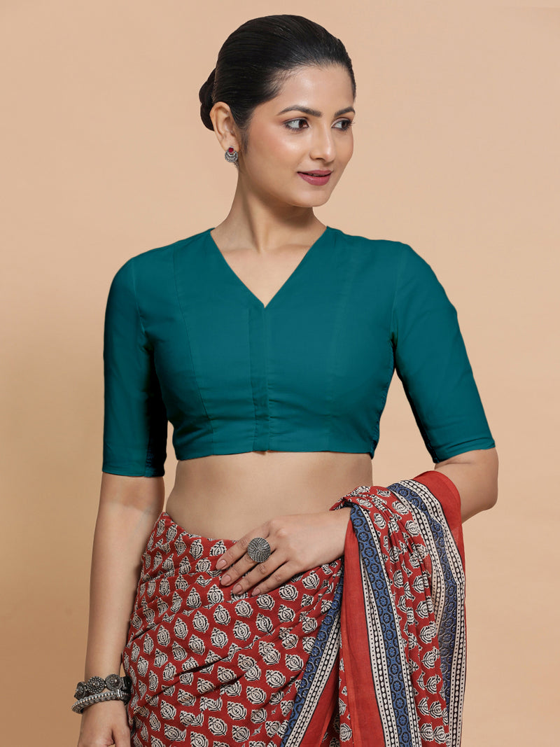 Nalani x Rozaana | Elbow Sleeves Saree Blouse in Teal Blue Linen-Binks