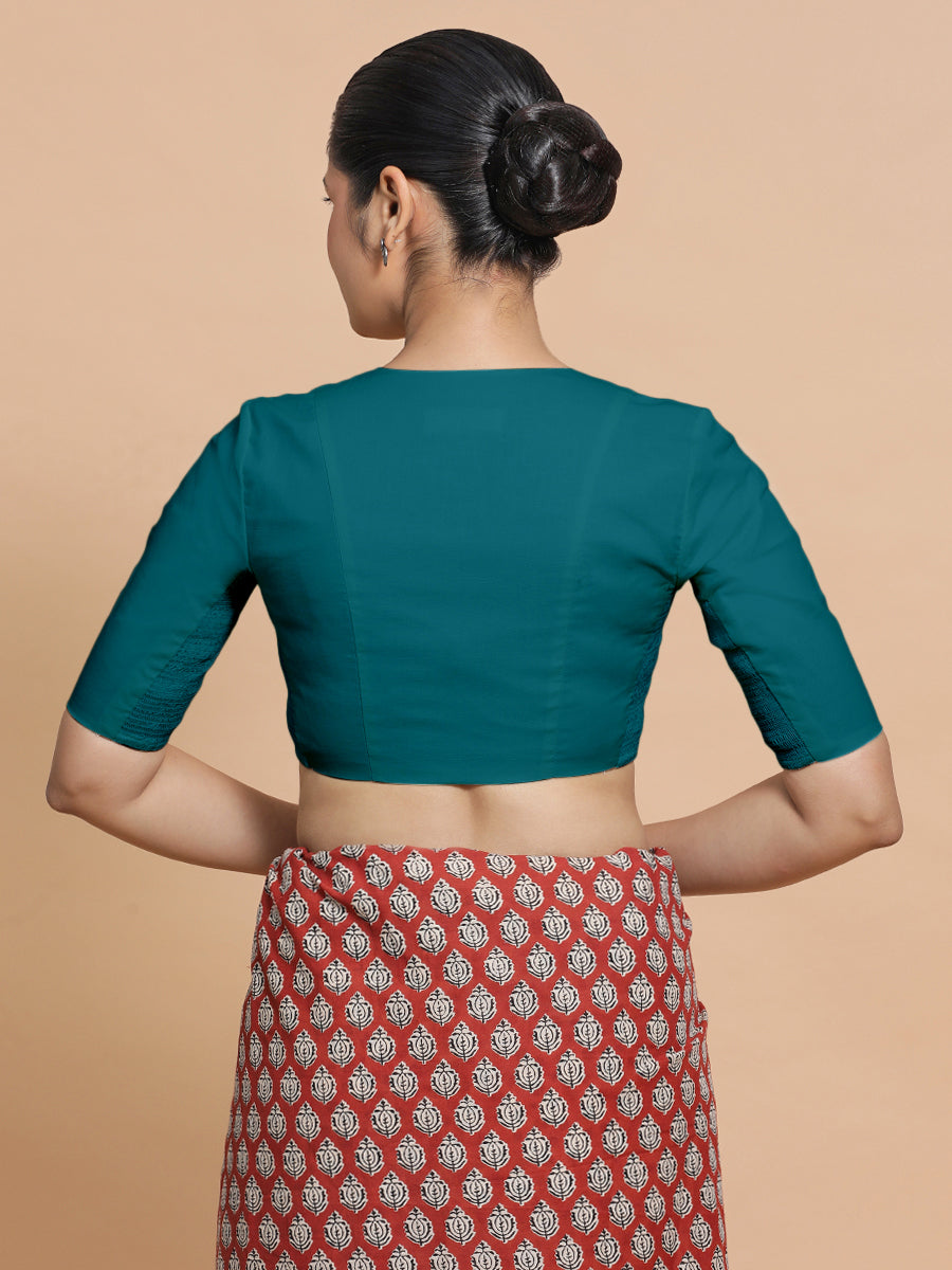 Nalani x Rozaana Saree Blouse, in Blue Linen, featuring elbow sleeves and v-neckline, made for daily & work (view 2).