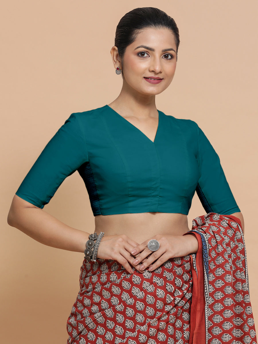 Nalani x Rozaana Saree Blouse, in Blue Linen, featuring elbow sleeves and v-neckline, made for daily & work (view 5).