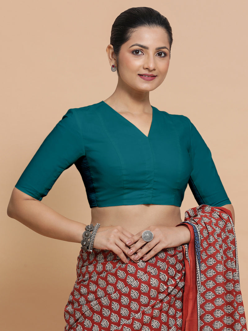 Nalani x Rozaana | Elbow Sleeves Saree Blouse in Teal Blue Linen-Binks