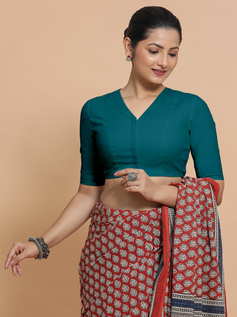 Nalani x Rozaana | Elbow Sleeves Saree Blouse in Teal Blue Linen-Binks