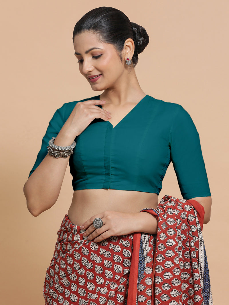 Nalani x Rozaana | Elbow Sleeves Saree Blouse in Teal Blue Linen-Binks