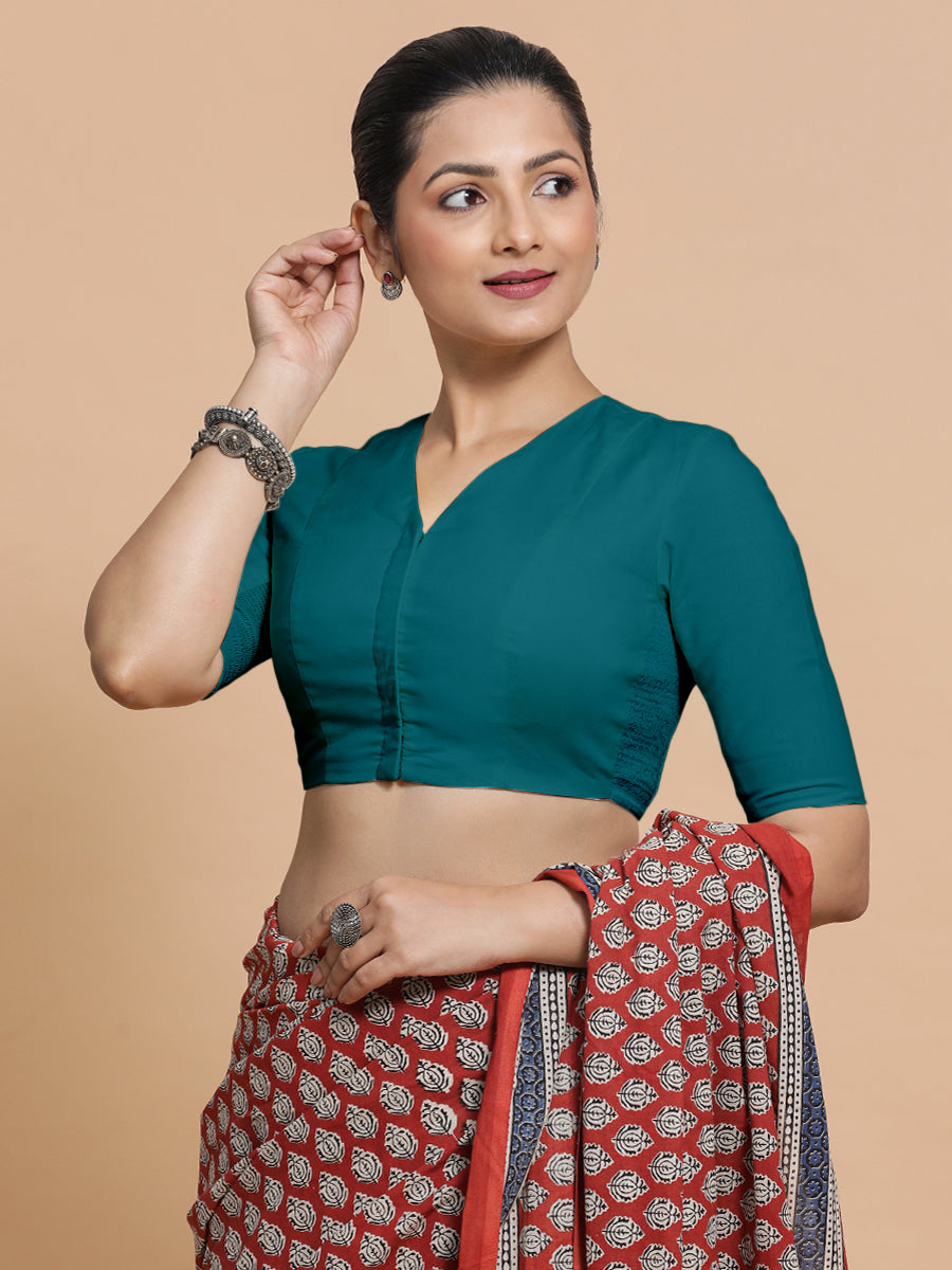 Nalani x Rozaana Saree Blouse, in Blue Linen, featuring elbow sleeves and v-neckline, made for daily & work (view 8).
