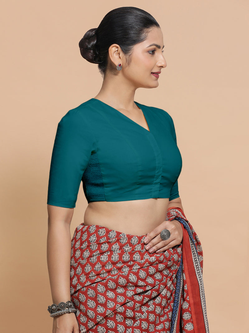 Nalani x Rozaana | Elbow Sleeves Saree Blouse in Teal Blue Linen-Binks