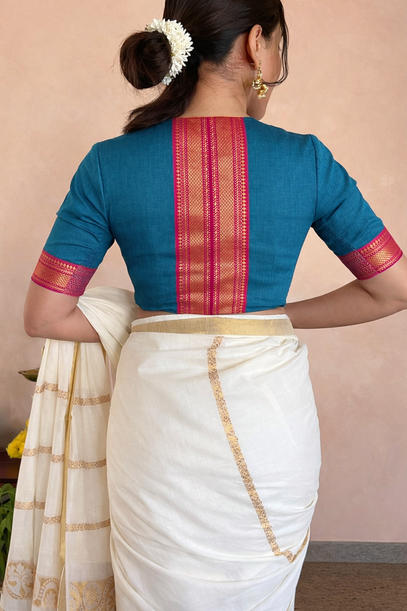 Nandini x Tyohaar | Elbow Sleeves Cerulean Blue Mangalgiri Cotton Saree Blouse-Binks