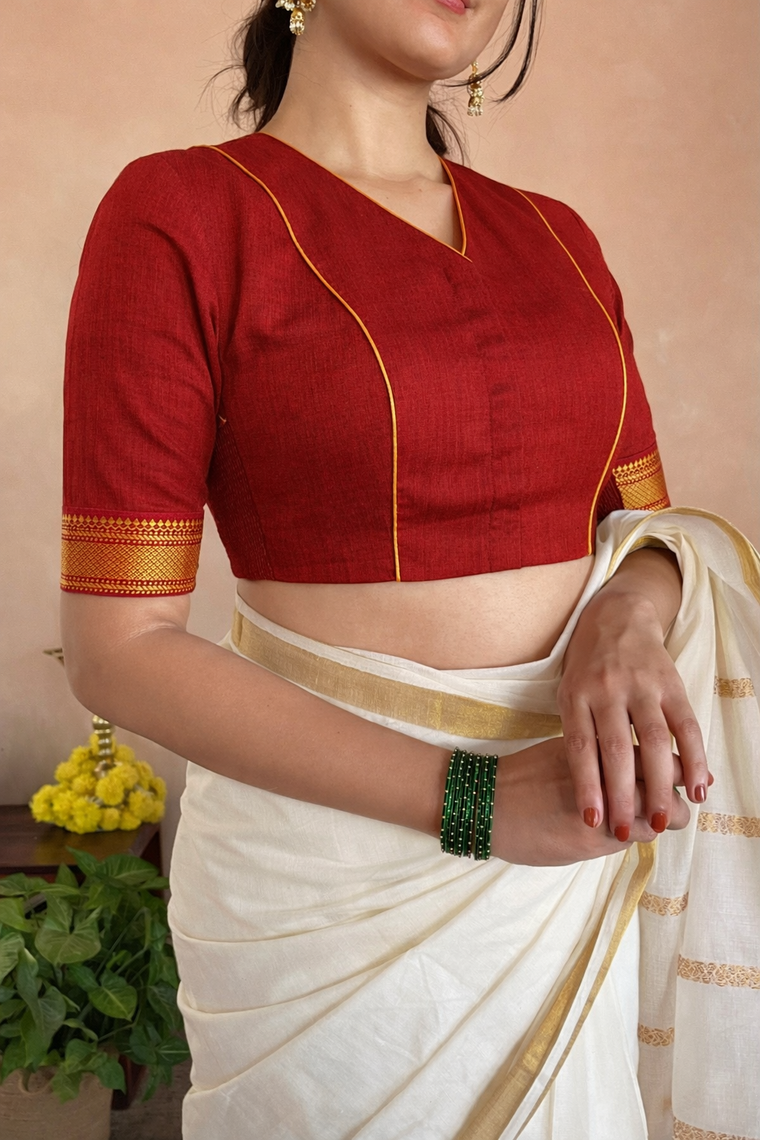 Nandini x Tyohaar Saree Blouse, in Red 100% Cotton - Mangalgiri, featuring elbow sleeves and v-neckline.