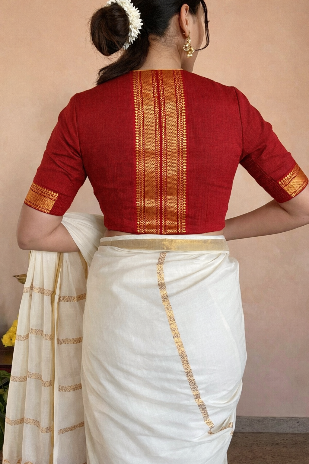 Nandini x Tyohaar Saree Blouse, in Red 100% Cotton - Mangalgiri, featuring elbow sleeves and v-neckline (view 2).