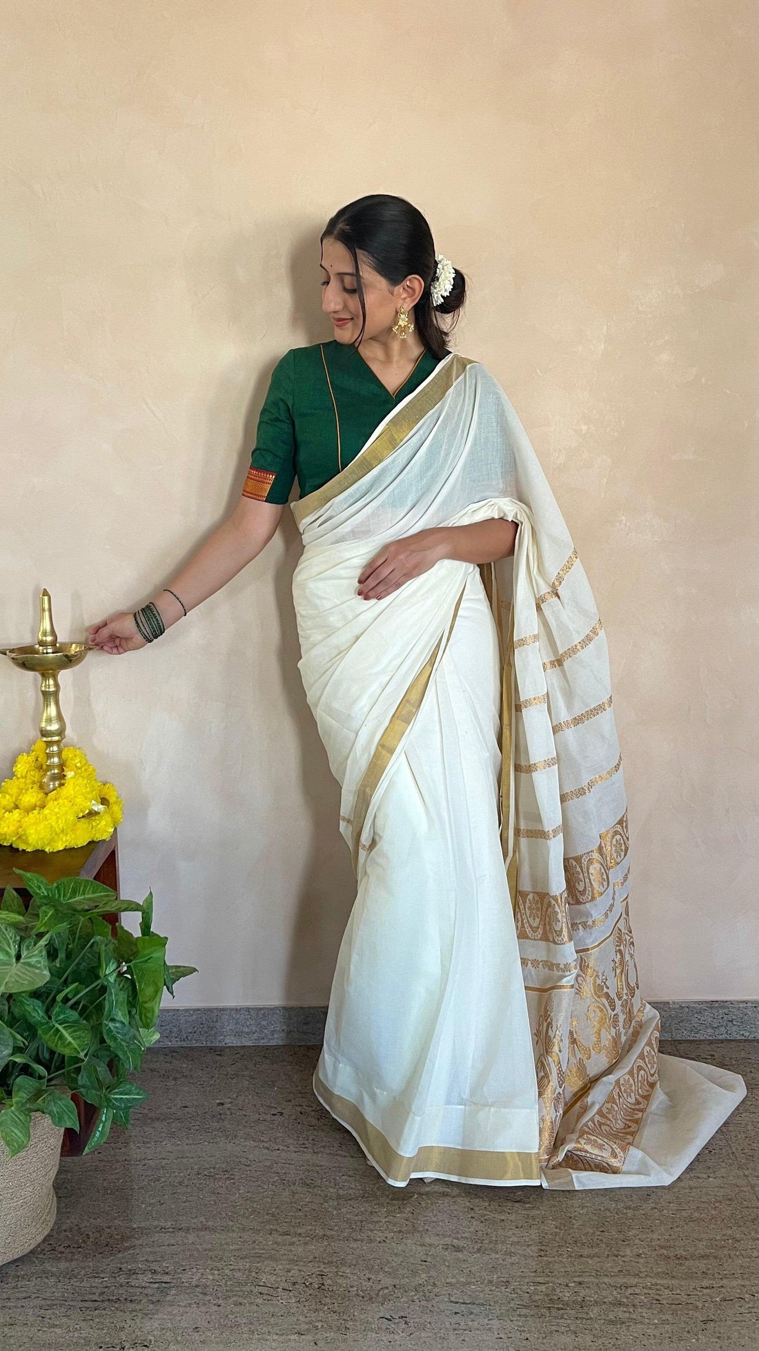 Nandini x Tyohaar Saree Blouse, in Green Cotton, featuring elbow sleeves, made for party & festive (view 6).