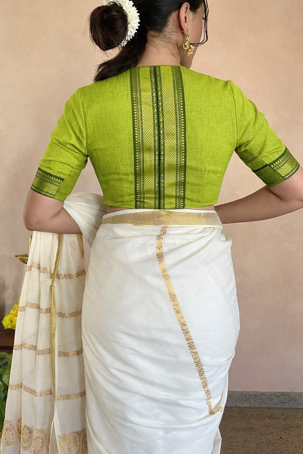 Nandini x Tyohaar Saree Blouse, in Green 100% Cotton - Mangalgiri, featuring elbow sleeves and v-neckline (view 2).