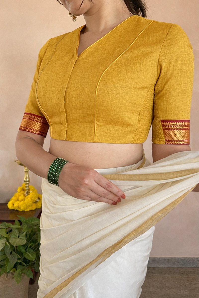 Nandini x Tyohaar | Elbow Sleeves Turmeric Yellow Mangalgiri Cotton Saree Blouse-Binks