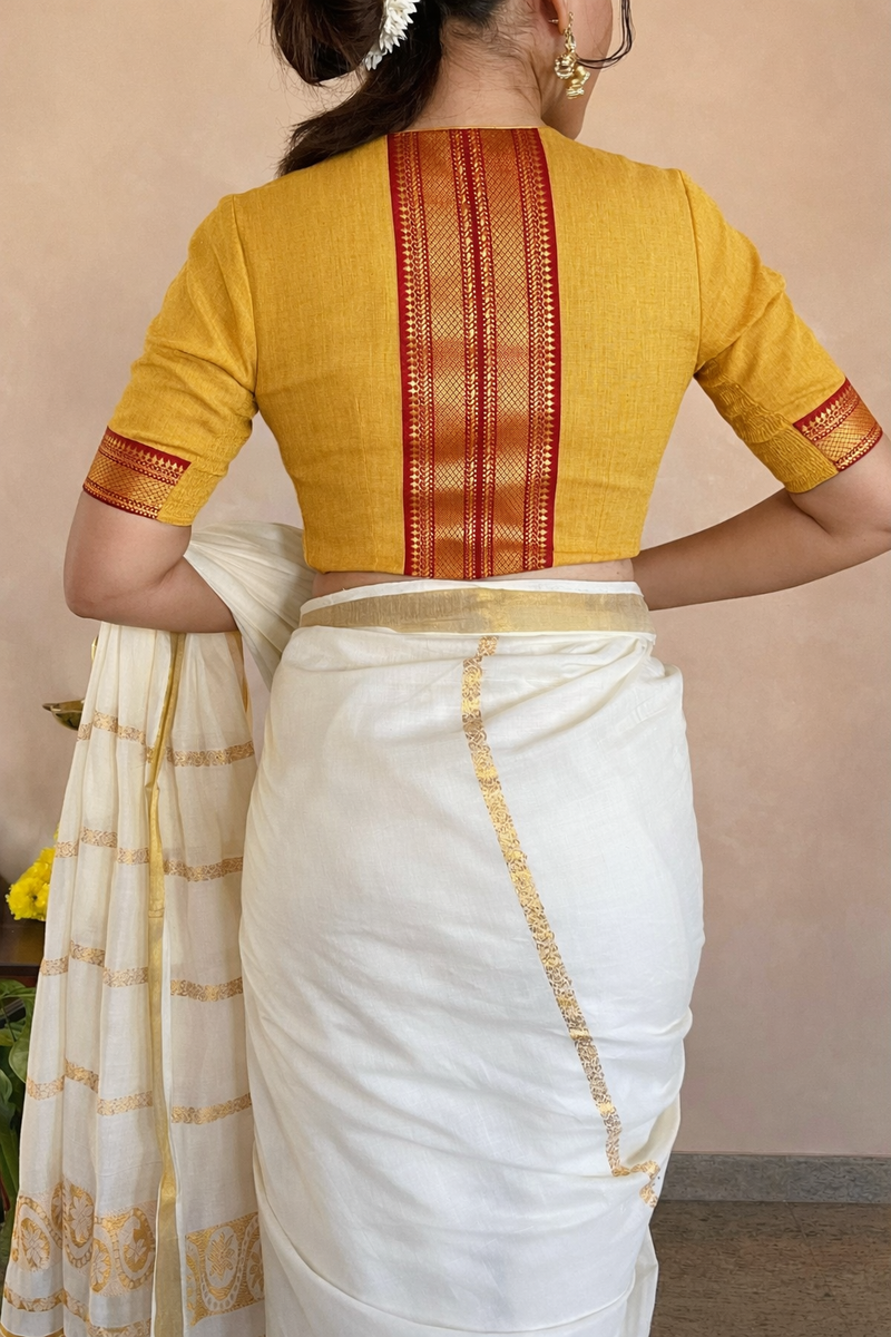Nandini x Tyohaar | Elbow Sleeves Turmeric Yellow Mangalgiri Cotton Saree Blouse-Binks