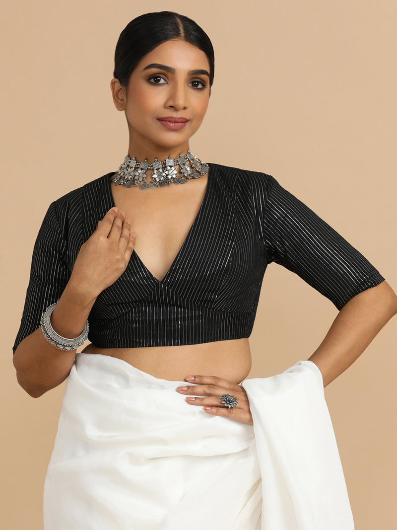 Natasha x Rozaana | Elbow Sleeves Saree Blouse in Black Silver Stripe Cotton-Binks