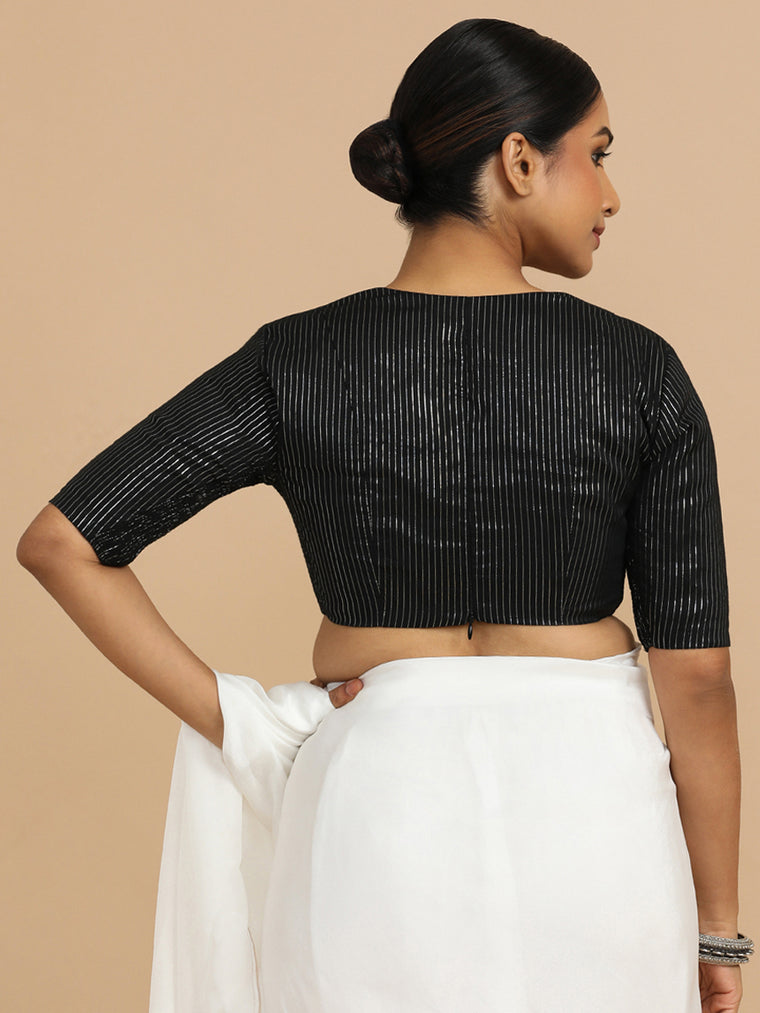 Natasha x Rozaana Saree Blouse, in Black 100% Cotton & Lurex, featuring elbow sleeves and v-neckline (view 2).