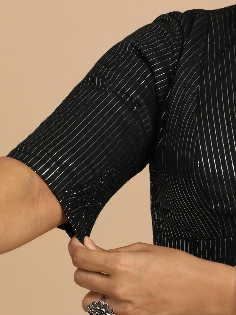 Natasha x Rozaana | Elbow Sleeves Saree Blouse in Black Silver Stripe Cotton-Binks