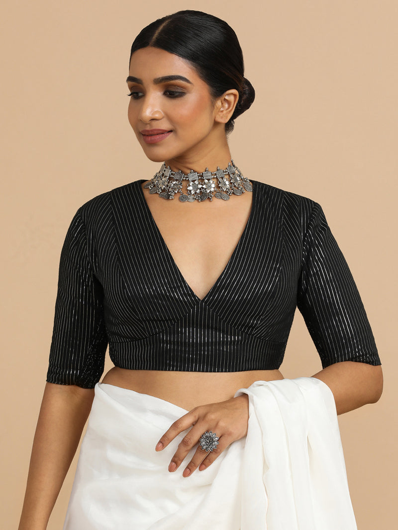 Natasha x Rozaana | Elbow Sleeves Saree Blouse in Black Silver Stripe Cotton-Binks