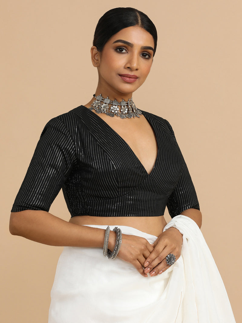 Natasha x Rozaana | Elbow Sleeves Saree Blouse in Black Silver Stripe Cotton-Binks