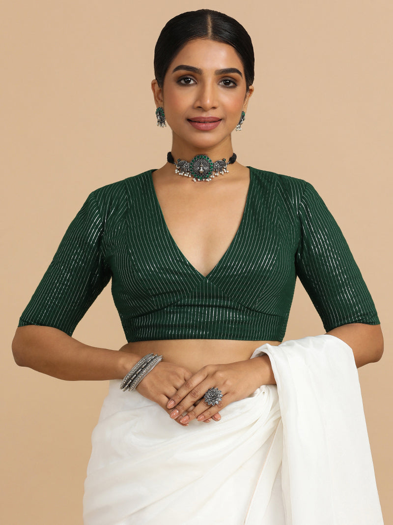Natasha x Rozaana | Elbow Sleeves Saree Blouse in Dark Green Silver Stripe Cotton-Binks