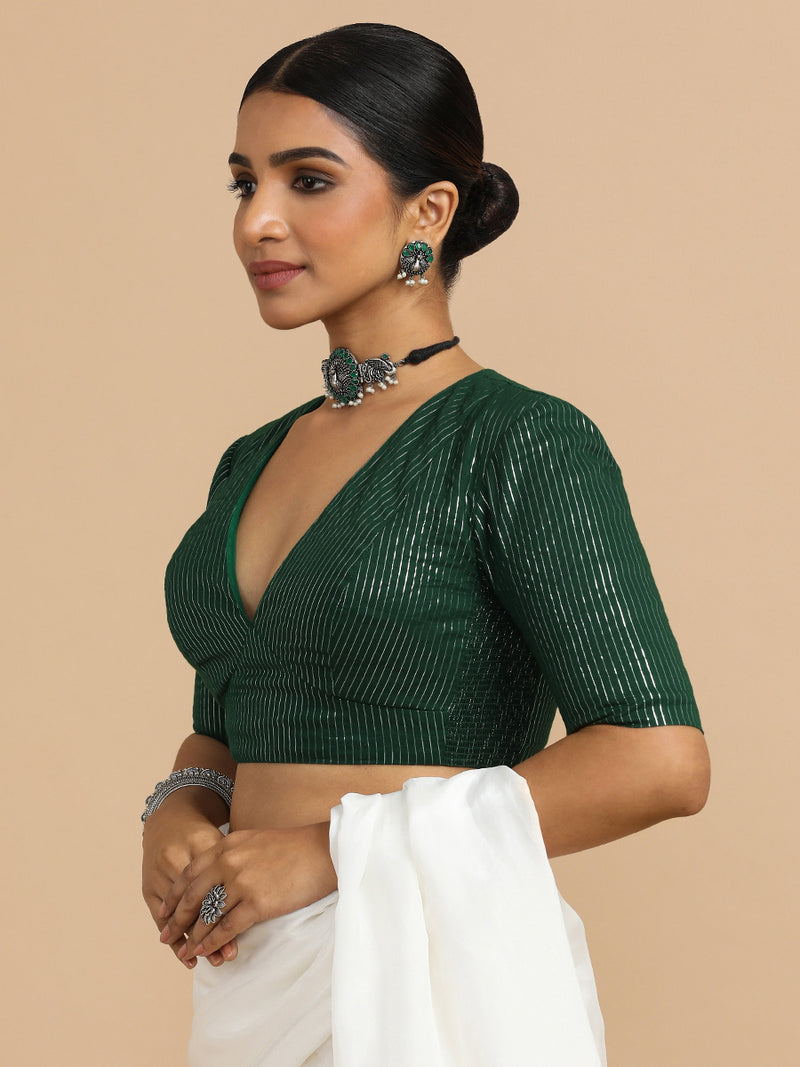 Natasha x Rozaana | Elbow Sleeves Saree Blouse in Dark Green Silver Stripe Cotton-Binks