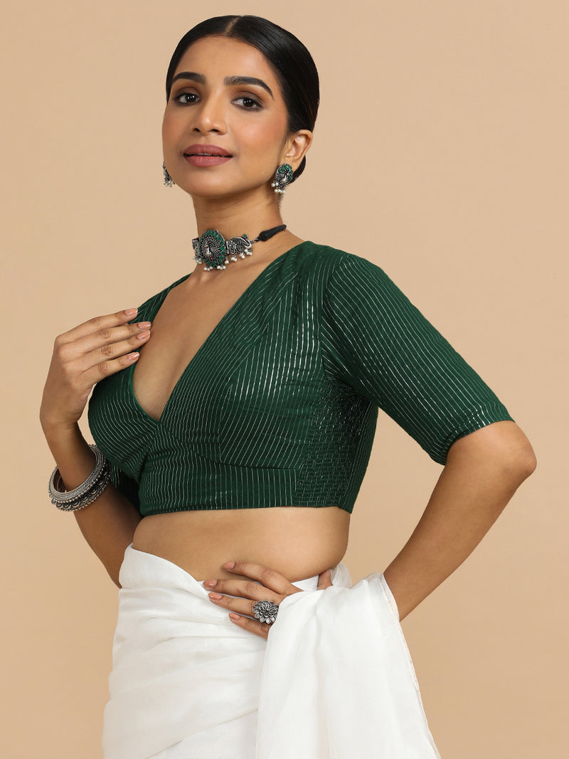 Natasha x Rozaana | Elbow Sleeves Saree Blouse in Dark Green Silver Stripe Cotton-Binks