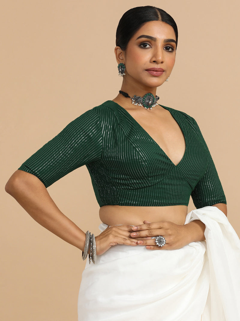 Natasha x Rozaana | Elbow Sleeves Saree Blouse in Dark Green Silver Stripe Cotton-Binks