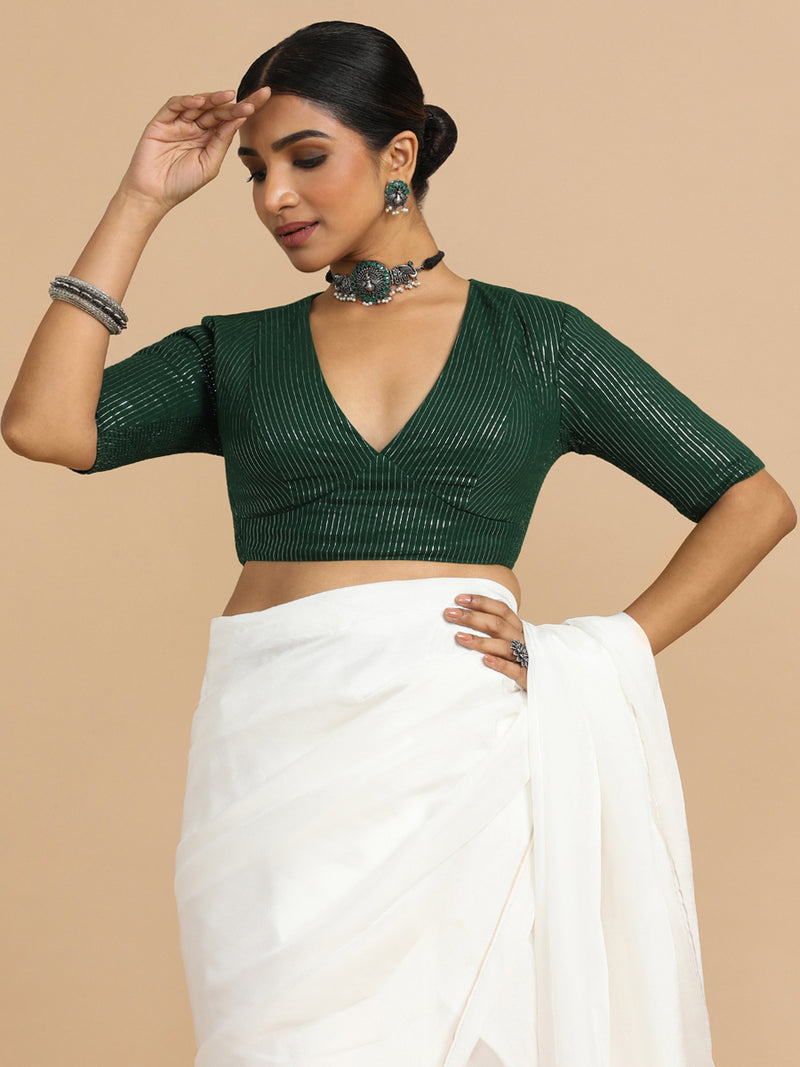 Natasha x Rozaana | Elbow Sleeves Saree Blouse in Dark Green Silver Stripe Cotton-Binks