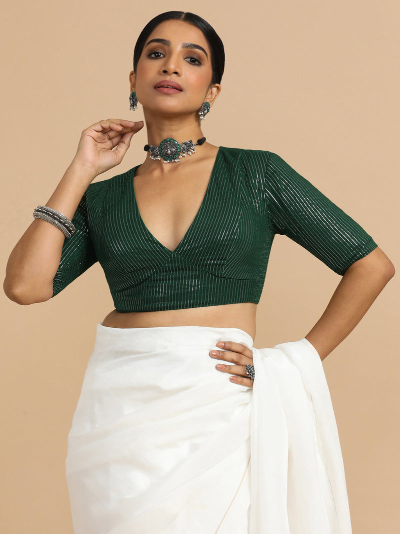 Natasha x Rozaana | Elbow Sleeves Saree Blouse in Dark Green Silver Stripe Cotton-Binks