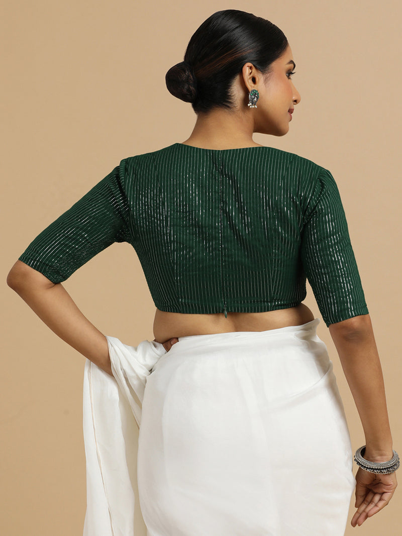 Natasha x Rozaana | Elbow Sleeves Saree Blouse in Dark Green Silver Stripe Cotton-Binks