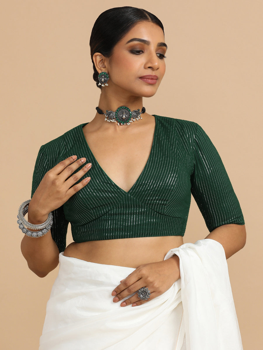 Natasha x Rozaana Saree Blouse, in Green 100% Cotton & Lurex, featuring elbow sleeves and v-neckline (view 5).