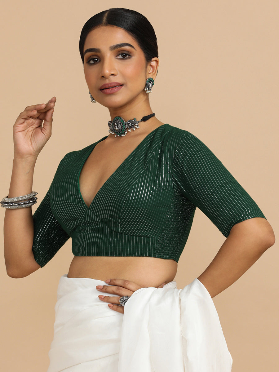 Natasha x Rozaana Saree Blouse, in Green 100% Cotton & Lurex, featuring elbow sleeves and v-neckline (view 7).