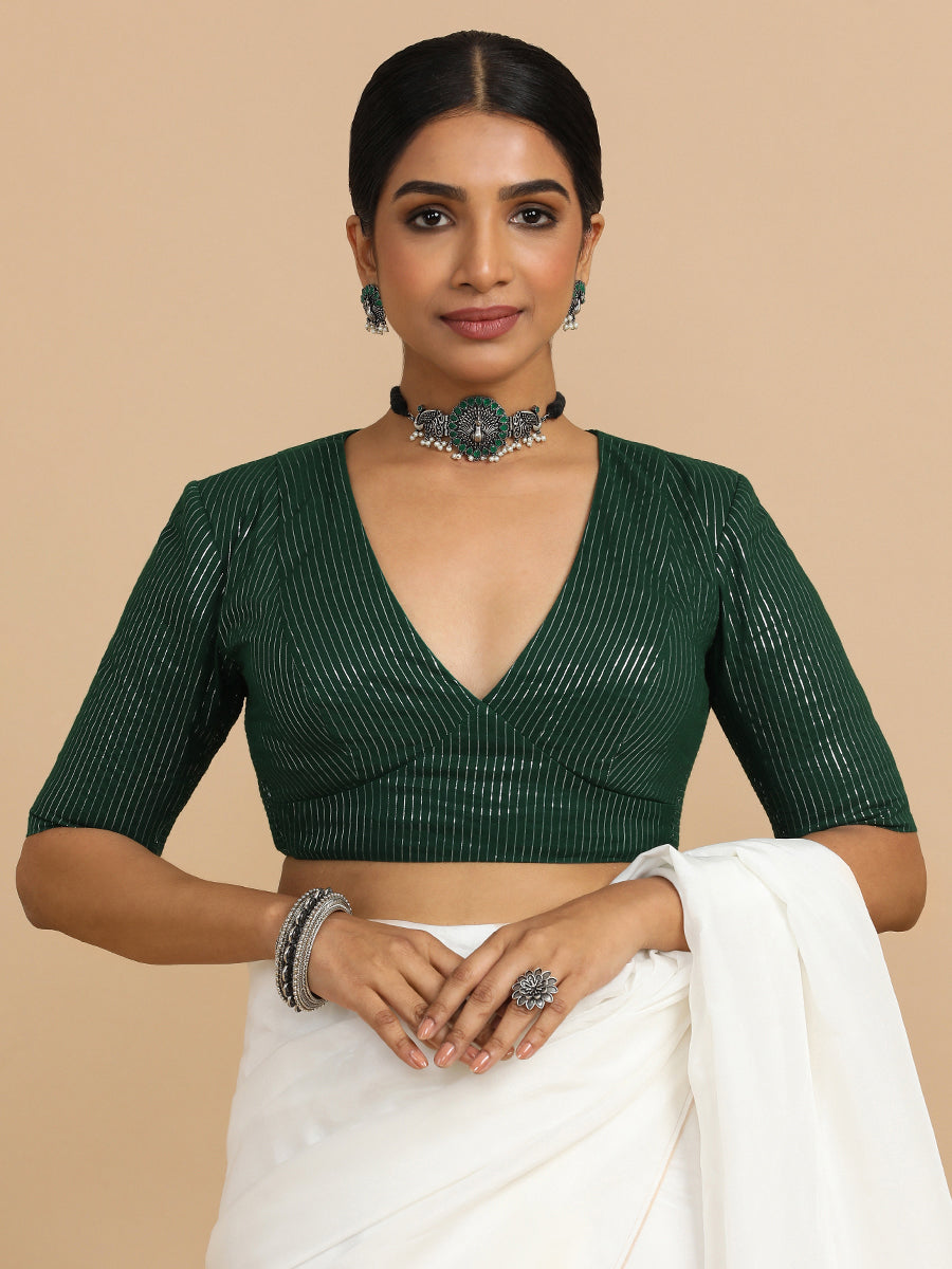 Natasha x Rozaana Saree Blouse, in Green 100% Cotton & Lurex, featuring elbow sleeves and v-neckline (view 8).