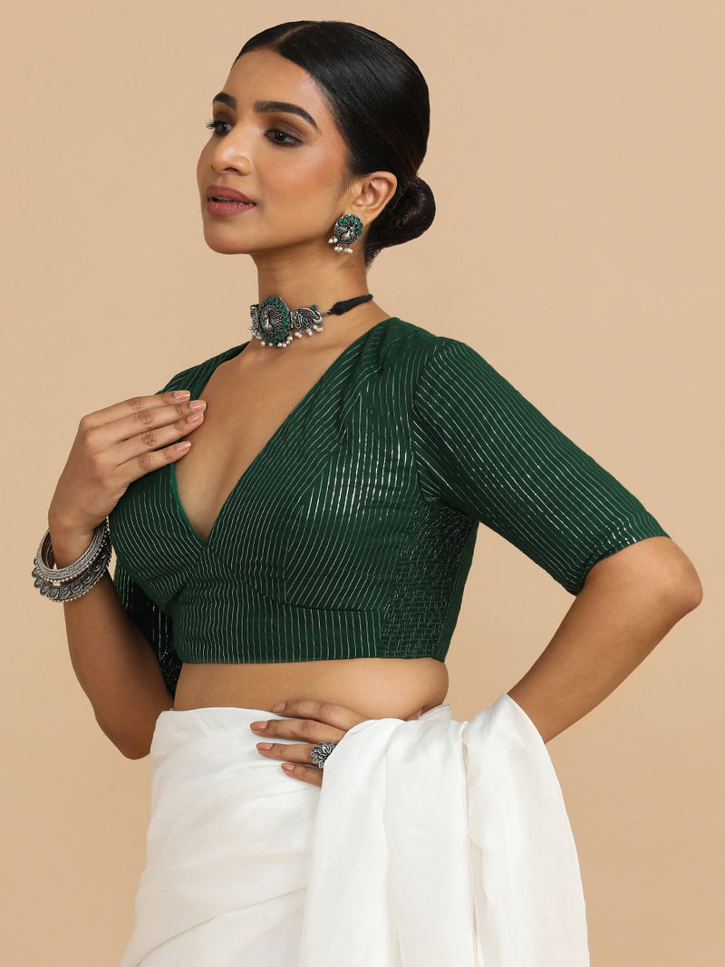 Natasha x Rozaana | Elbow Sleeves Saree Blouse in Dark Green Silver Stripe Cotton-Binks