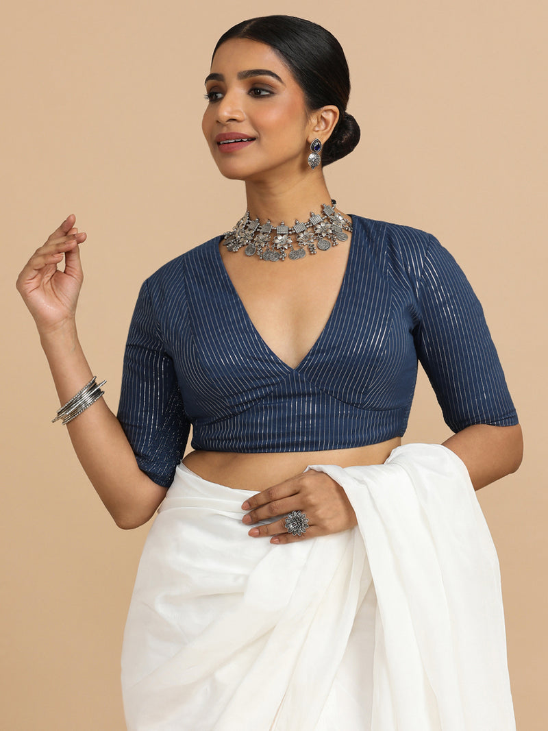 Natasha x Rozaana | Elbow Sleeves Saree Blouse in Indigo Silver Stripe Cotton-Binks