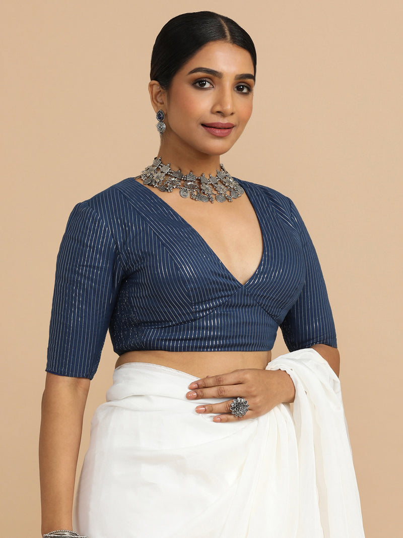 Natasha x Rozaana | Elbow Sleeves Saree Blouse in Indigo Silver Stripe Cotton-Binks