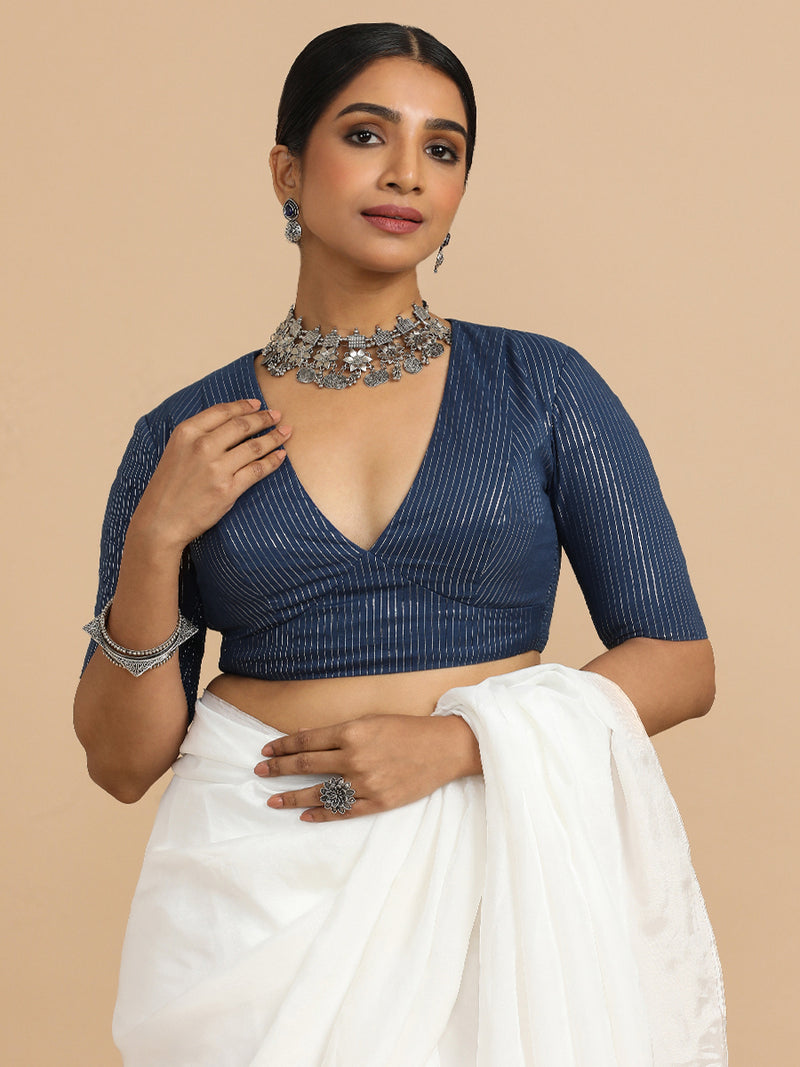 Natasha x Rozaana | Elbow Sleeves Saree Blouse in Indigo Silver Stripe Cotton-Binks