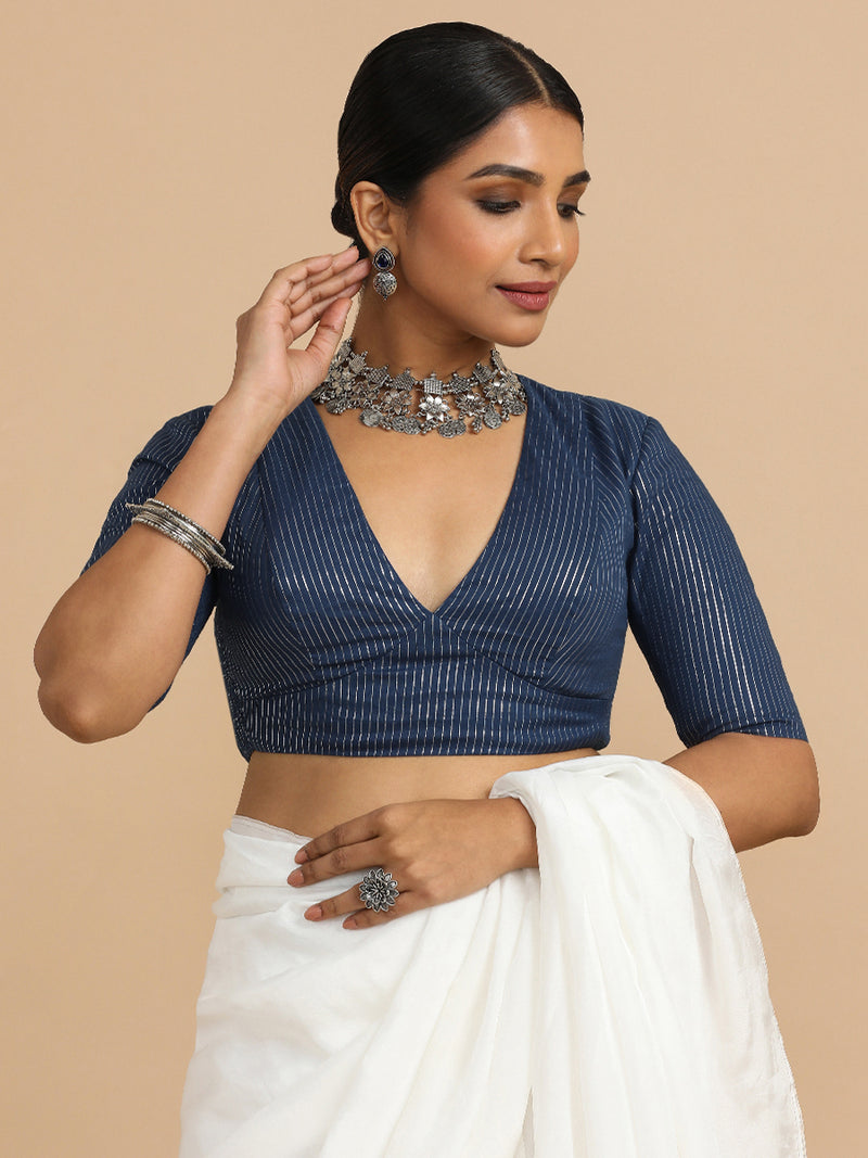 Natasha x Rozaana | Elbow Sleeves Saree Blouse in Indigo Silver Stripe Cotton-Binks