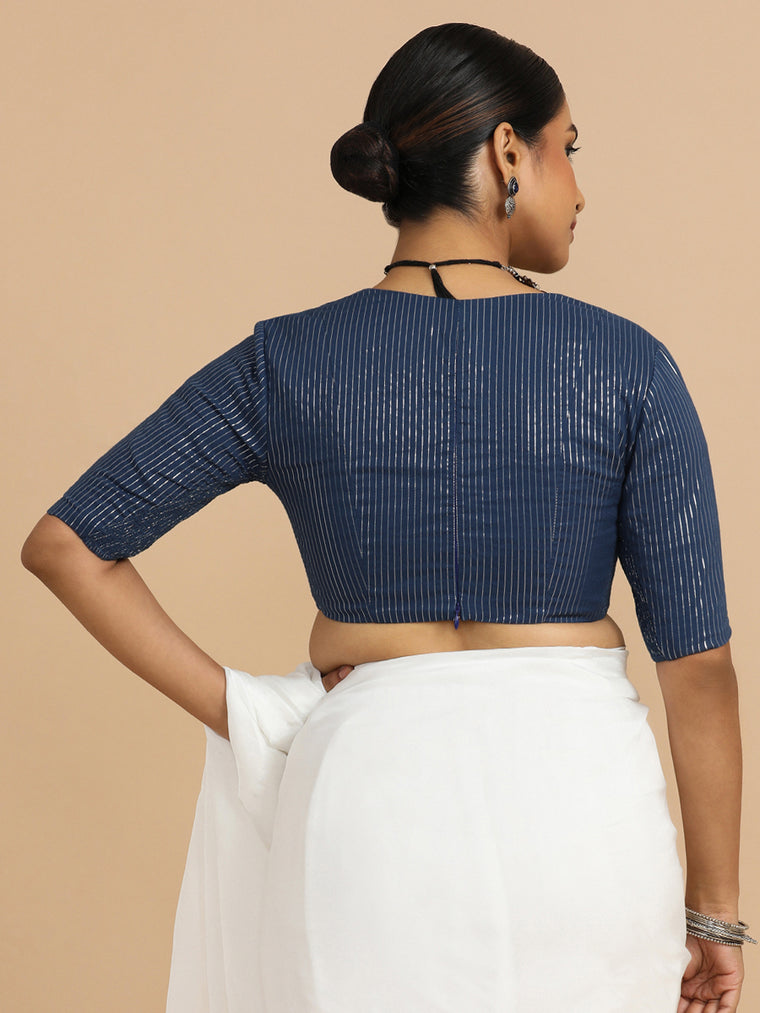 Natasha x Rozaana Saree Blouse, in Blue 100% Cotton & Lurex, featuring elbow sleeves and v-neckline (view 2).