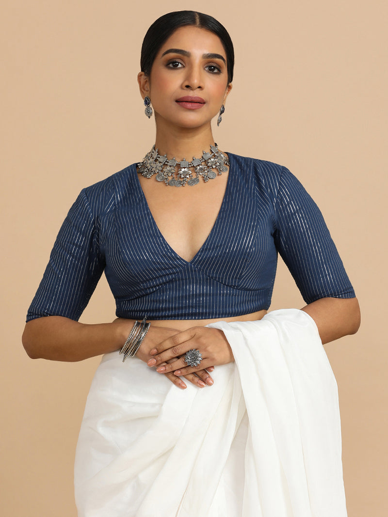 Natasha x Rozaana | Elbow Sleeves Saree Blouse in Indigo Silver Stripe Cotton-Binks