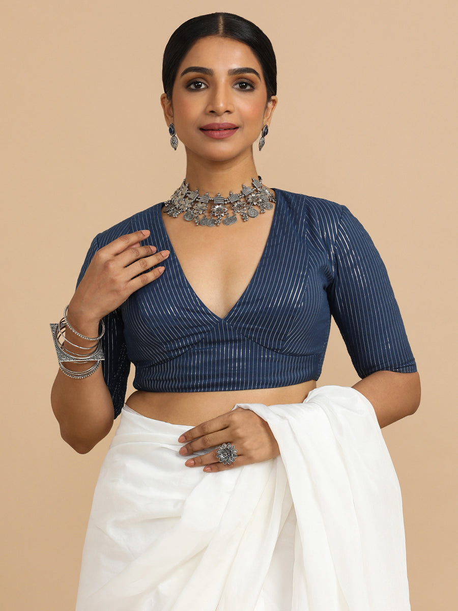 Natasha x Rozaana Saree Blouse, in Blue 100% Cotton & Lurex, featuring elbow sleeves and v-neckline (view 7).