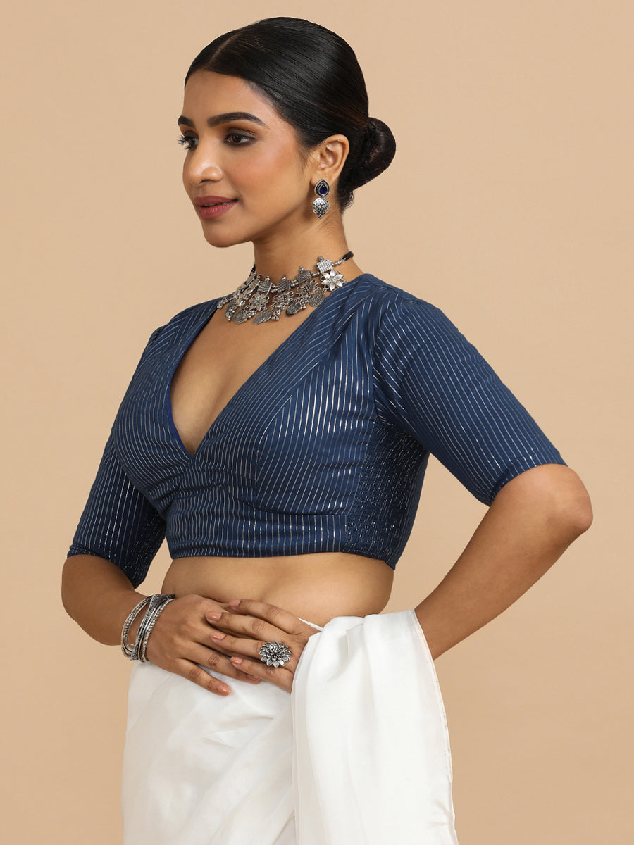 Natasha x Rozaana Saree Blouse, in Blue 100% Cotton & Lurex, featuring elbow sleeves and v-neckline (view 8).
