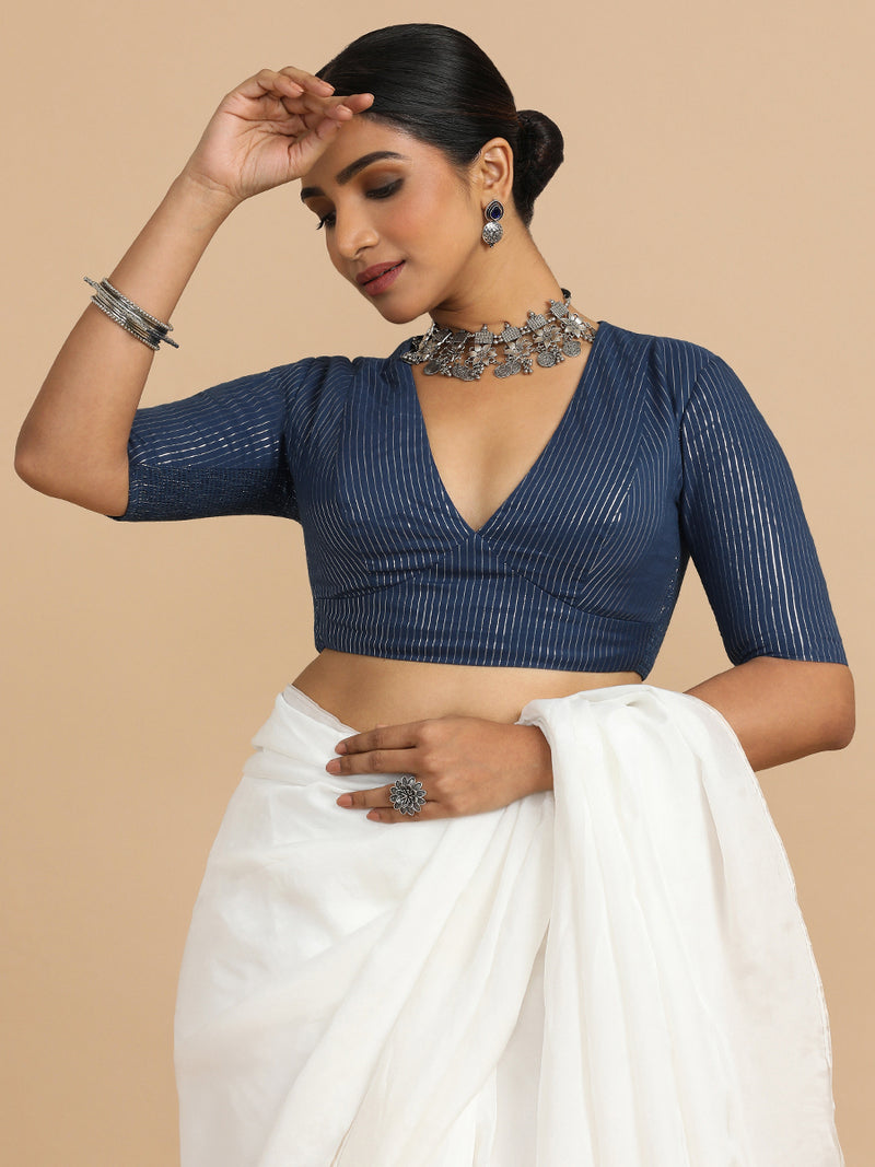 Natasha x Rozaana | Elbow Sleeves Saree Blouse in Indigo Silver Stripe Cotton-Binks