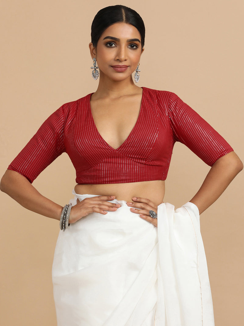 Natasha x Rozaana | Elbow Sleeves Saree Blouse in Red Silver Stripe Cotton-Binks