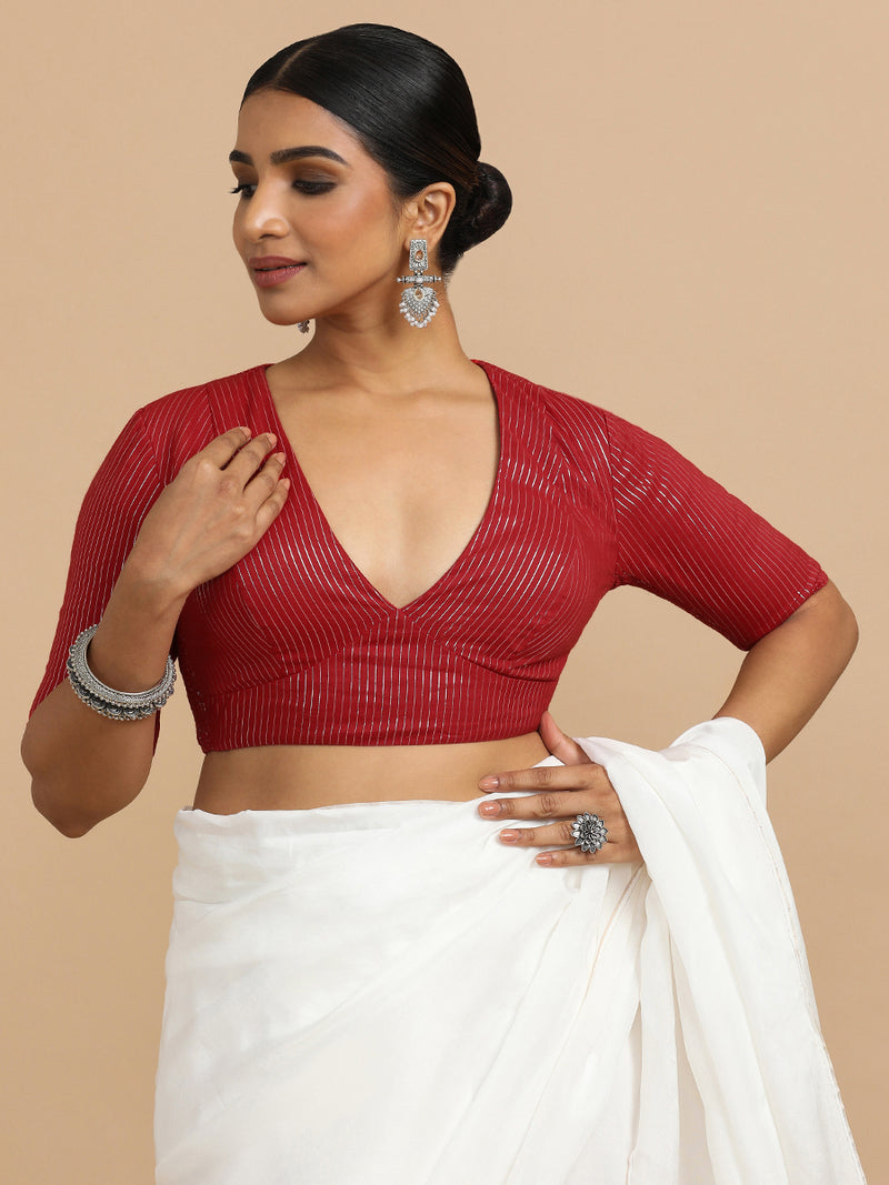 Natasha x Rozaana | Elbow Sleeves Saree Blouse in Red Silver Stripe Cotton-Binks