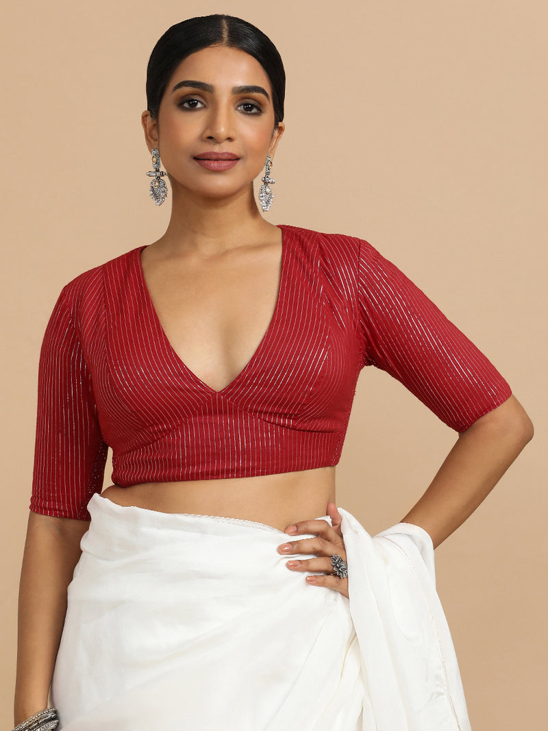 Natasha x Rozaana | Elbow Sleeves Saree Blouse in Red Silver Stripe Cotton-Binks